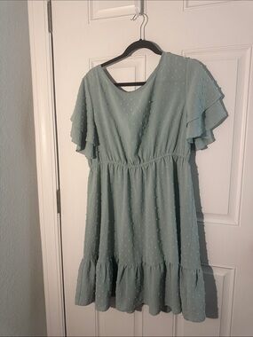 Skue. Sage Green Ruffle Sleeve Swiss Dot Dress